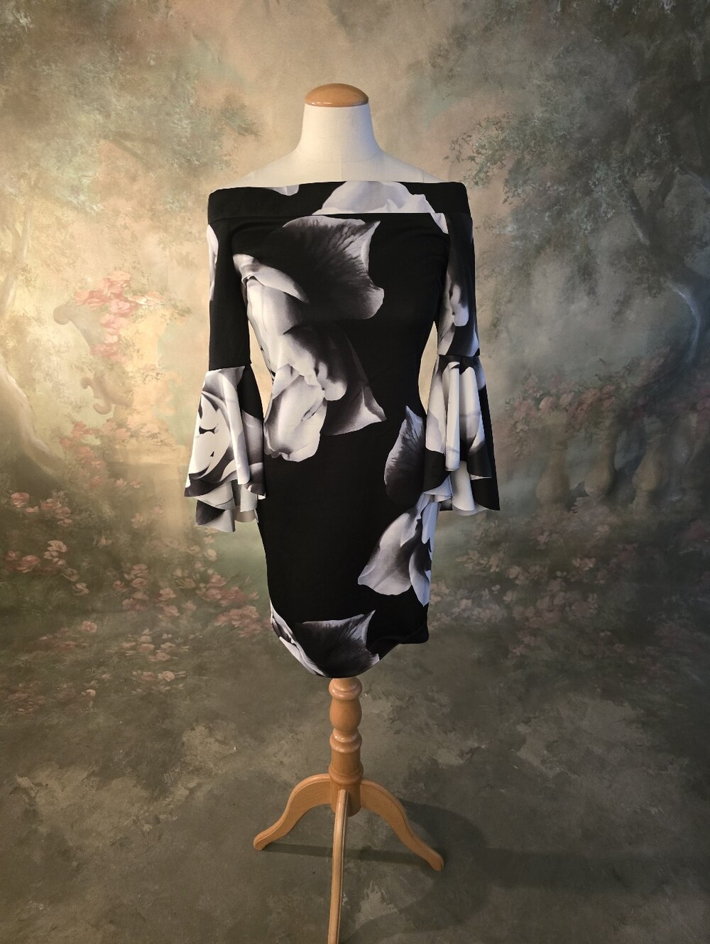 Venus Black White Floral Print Scuba Bodicon Off The Shoulders Dress S